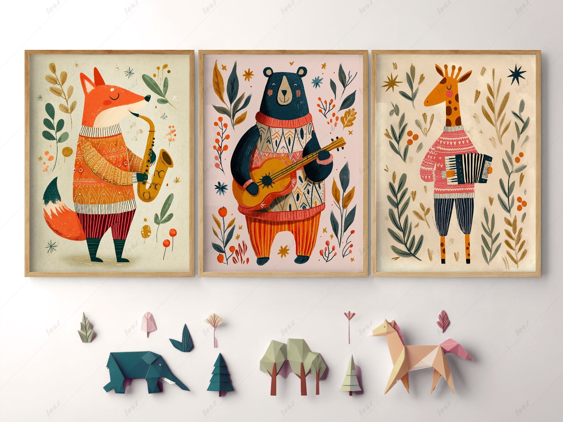 Musical Animal Nursery Print Set – Fox Bear Giraffe Kids Wall Art