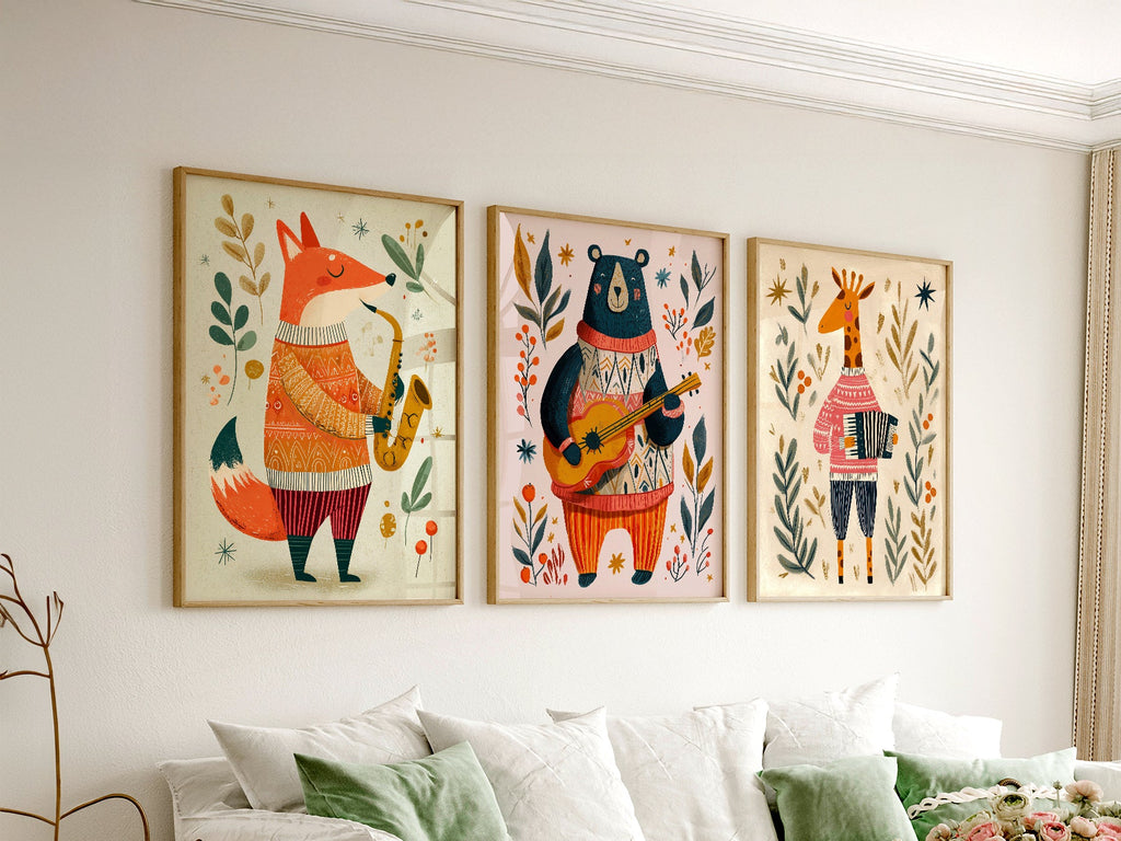 Musical Animal Nursery Print Set – Fox Bear Giraffe Kids Wall Art