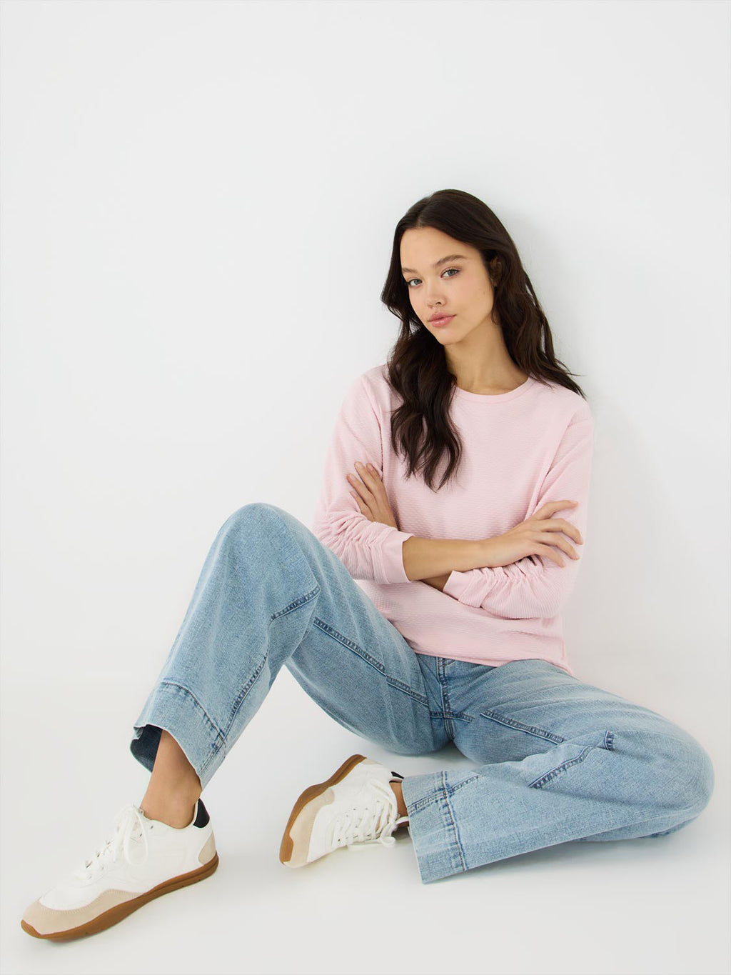 3/4 Ruched Sleeve Jacquard Sweatshirt