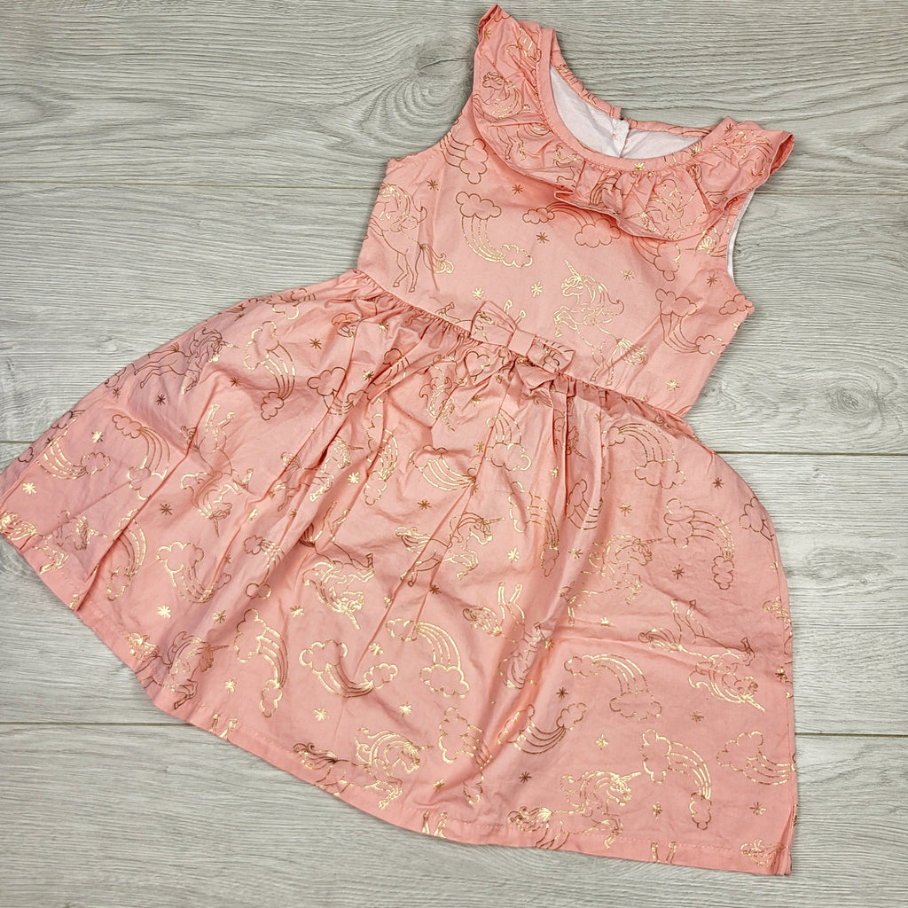 LBYL2 - Robe rose Nannette Kids avec imprimé arcs-en-ciel et licornes dorés. Taille 4T