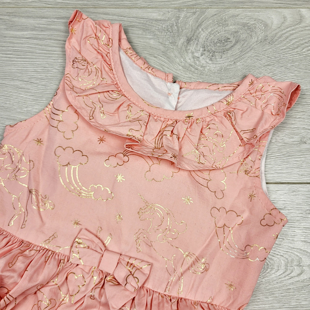 LBYL2 - Robe rose Nannette Kids avec imprimé arcs-en-ciel et licornes dorés. Taille 4T
