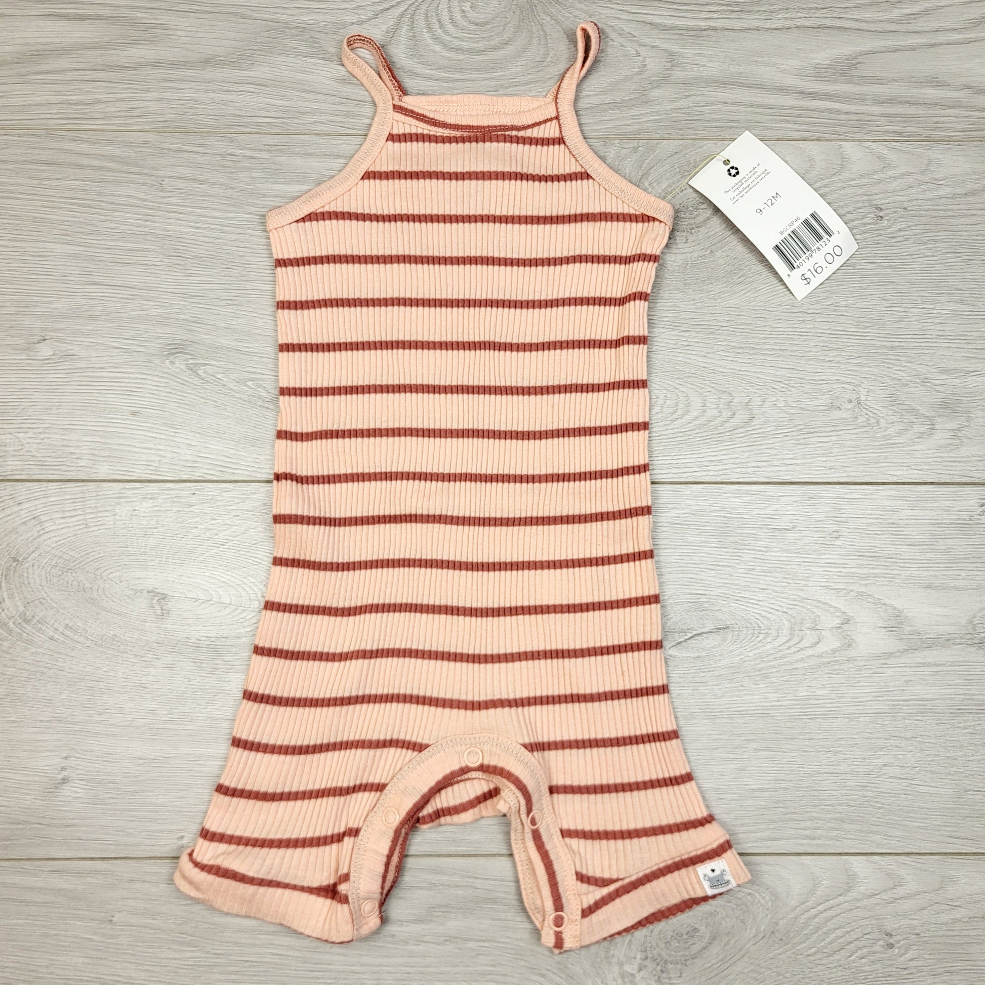 DMKY1 - NOUVEAU - Grenouillère côtelée à rayures corail Rise Little Earthling. Taille 9-12 mois