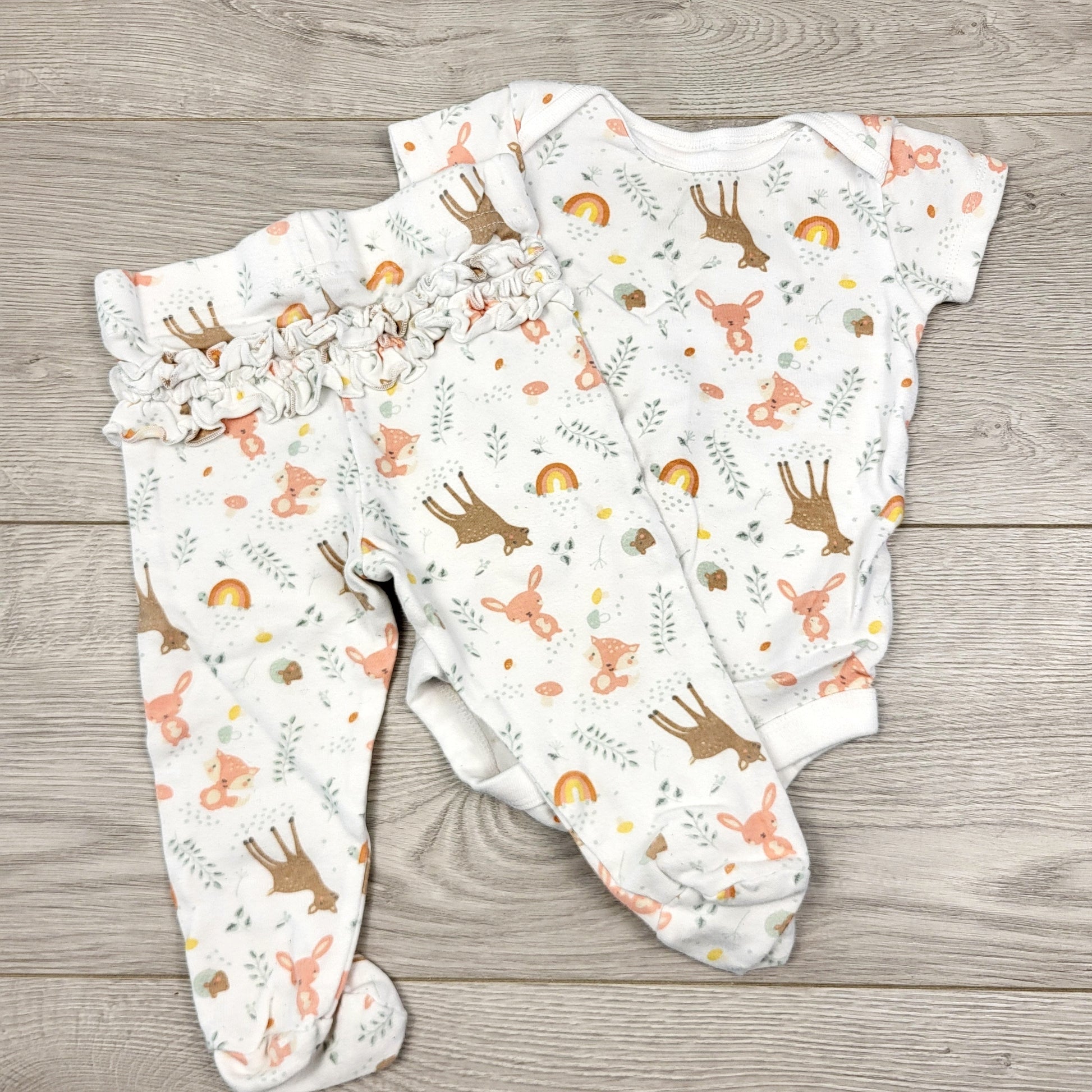 CAAC1 - Ensemble 2 pièces body George blanc, motif animaux de la forêt. Taille 3-6 mois