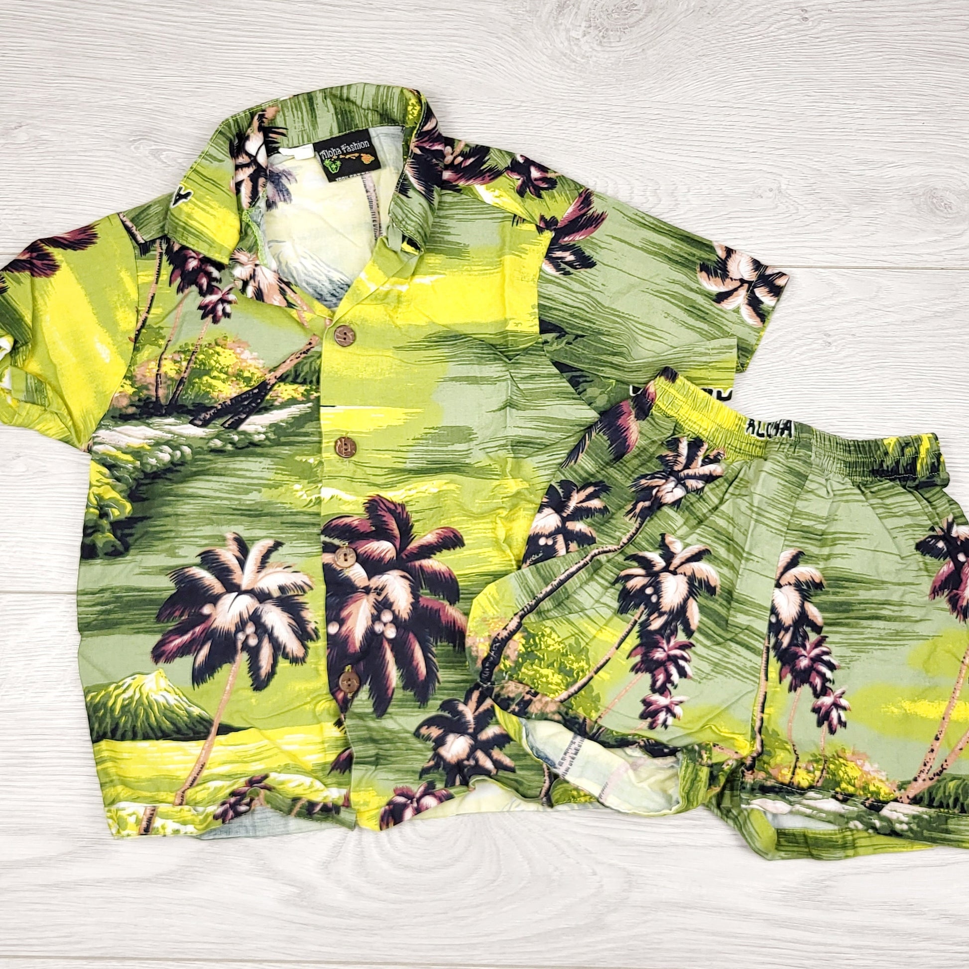 DMKY1 - Ensemble hawaïen 2 pièces vert et jaune Aloha Fashion. Taille 2T