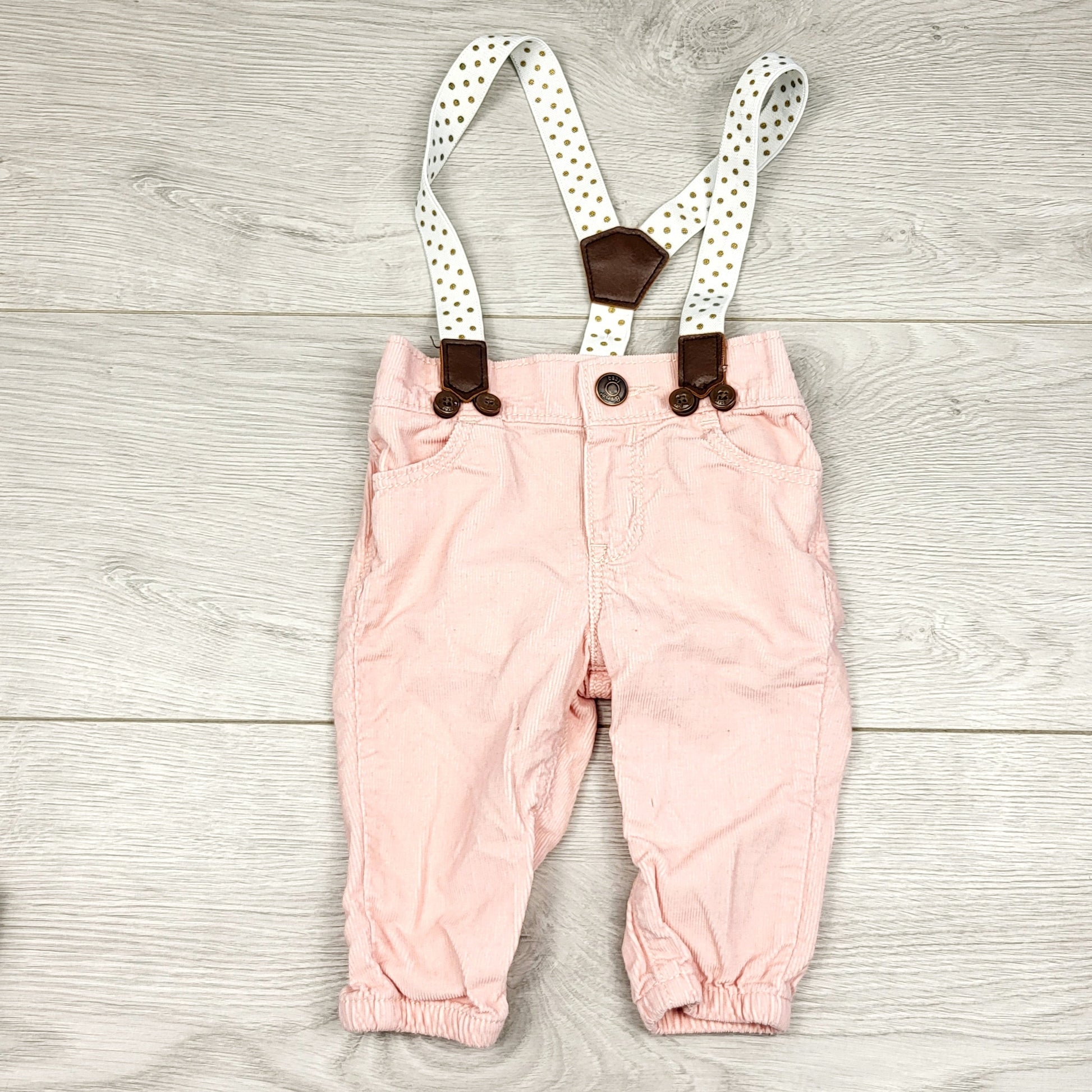 KSAL2 - Pantalon Baby B'gosh en velours côtelé rose avec bretelles amovibles. Taille 0-3 mois