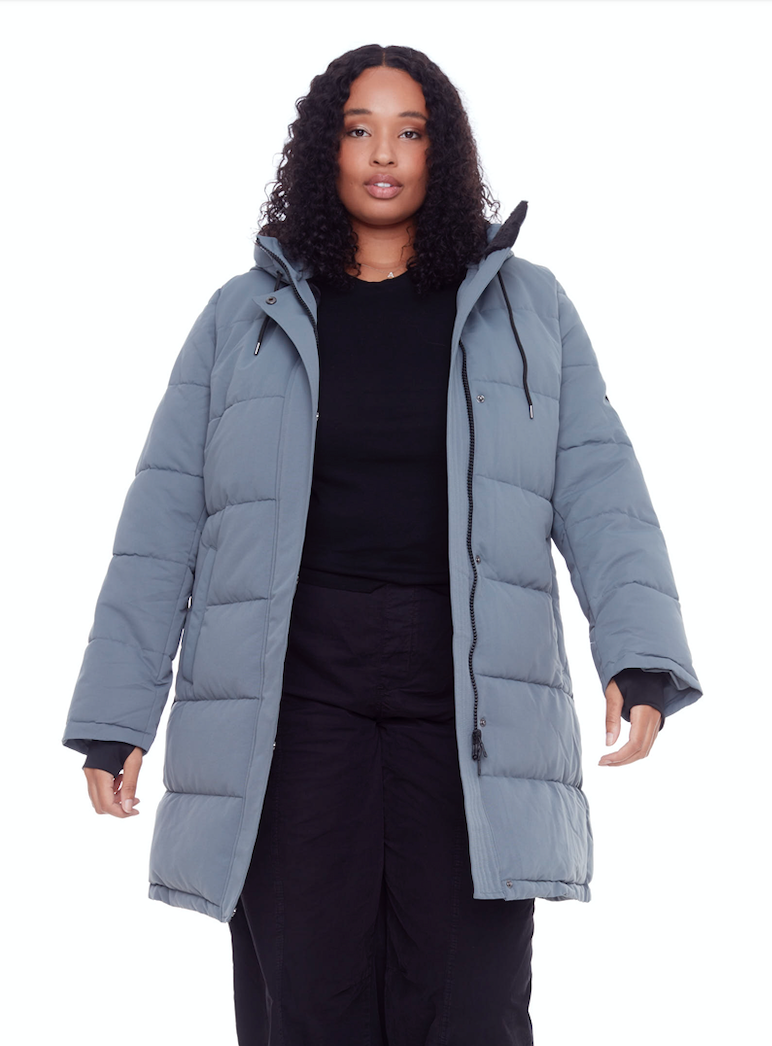 AULAVIK PLUS | PARKA À CAPUCHE MI-LONGUE EN DUVET VÉGAN (RECYCLÉE) POUR FEMME, ARDOISE (TAILLE GRANDE)