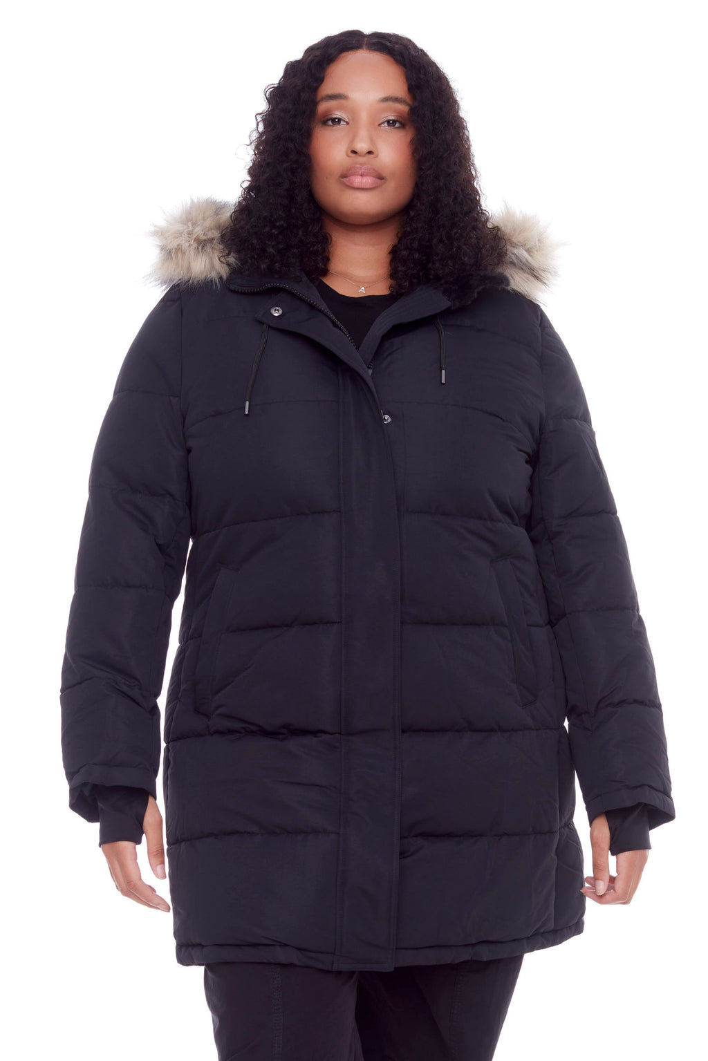 AULAVIK PLUS | PARKA À CAPUCHE MI-LONGUE EN DUVET VÉGAN (RECYCLÉE) POUR FEMME, NOIR (TAILLES GRANDES)