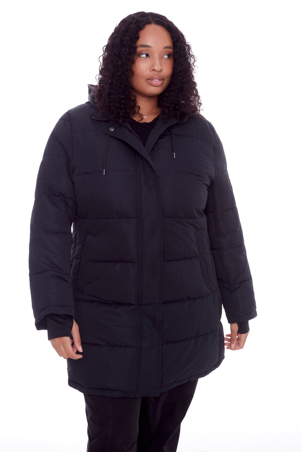 AULAVIK PLUS | PARKA À CAPUCHE MI-LONGUE EN DUVET VÉGAN (RECYCLÉE) POUR FEMME, NOIR (TAILLES GRANDES)