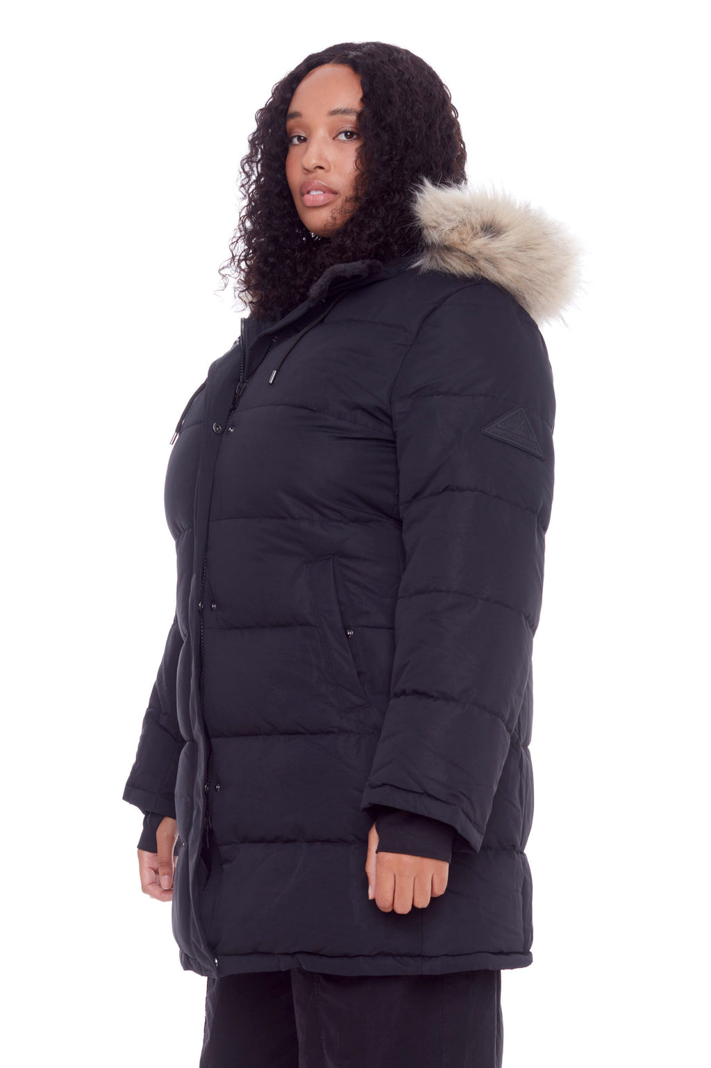 AULAVIK PLUS | PARKA À CAPUCHE MI-LONGUE EN DUVET VÉGAN (RECYCLÉE) POUR FEMME, NOIR (TAILLES GRANDES)
