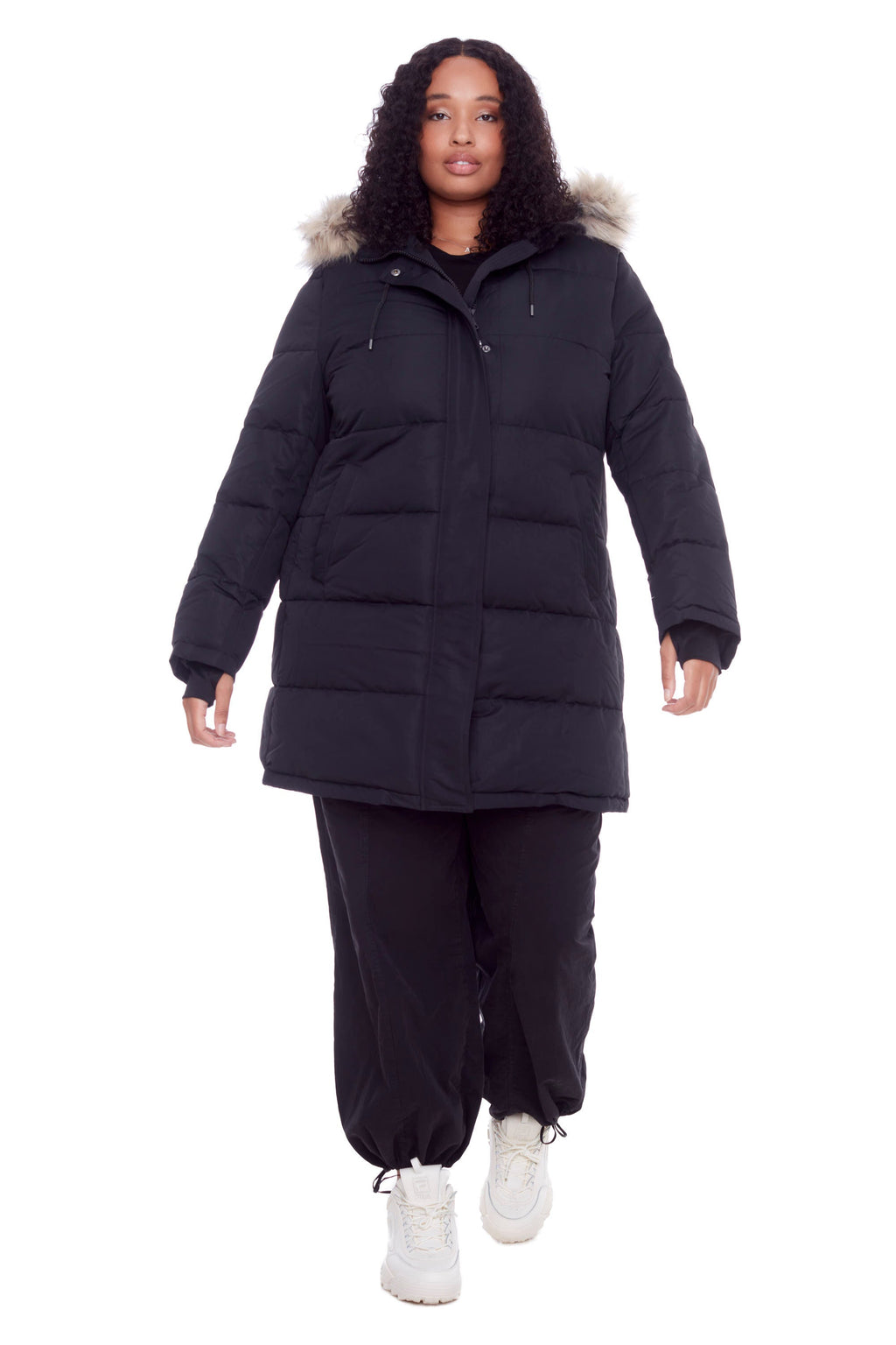 AULAVIK PLUS | PARKA À CAPUCHE MI-LONGUE EN DUVET VÉGAN (RECYCLÉE) POUR FEMME, NOIR (TAILLES GRANDES)