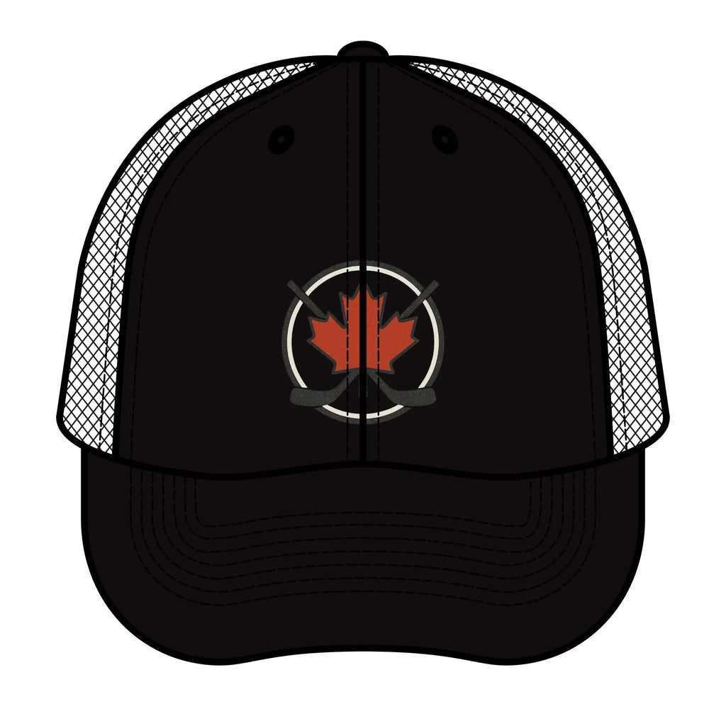 Casquette de hockey Maple Stick - Casquette canadienne à la feuille d'érable et aux bâtons de hockey croisés - Casquette trucker snapback de qualité supérieure - Casquette de baseball Fierté canadienne