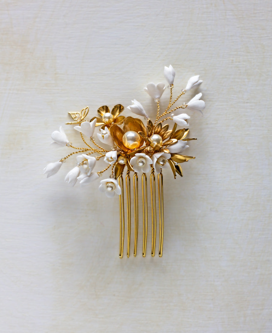 Augusta raw brass, polymer clay & pearl hair comb