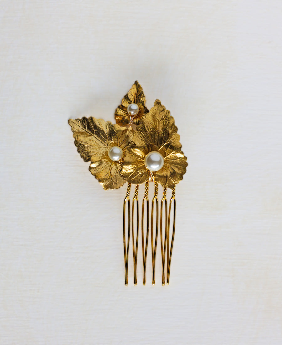 Petite raw brass & pearl ivy leaf hair comb