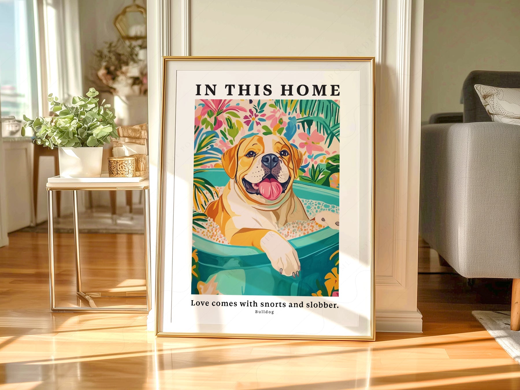 Bulldog Wall Art Print – In This Home Love Comes with Snorts and Slobber