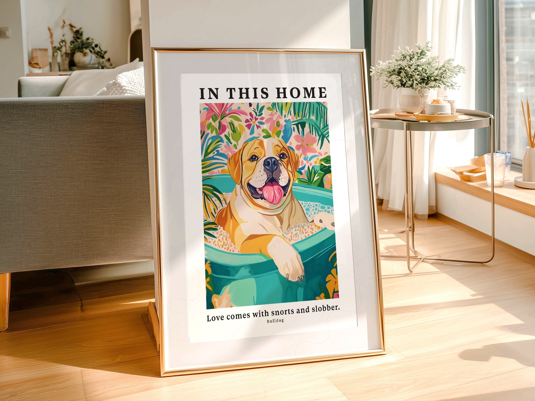Bulldog Wall Art Print – In This Home Love Comes with Snorts and Slobber