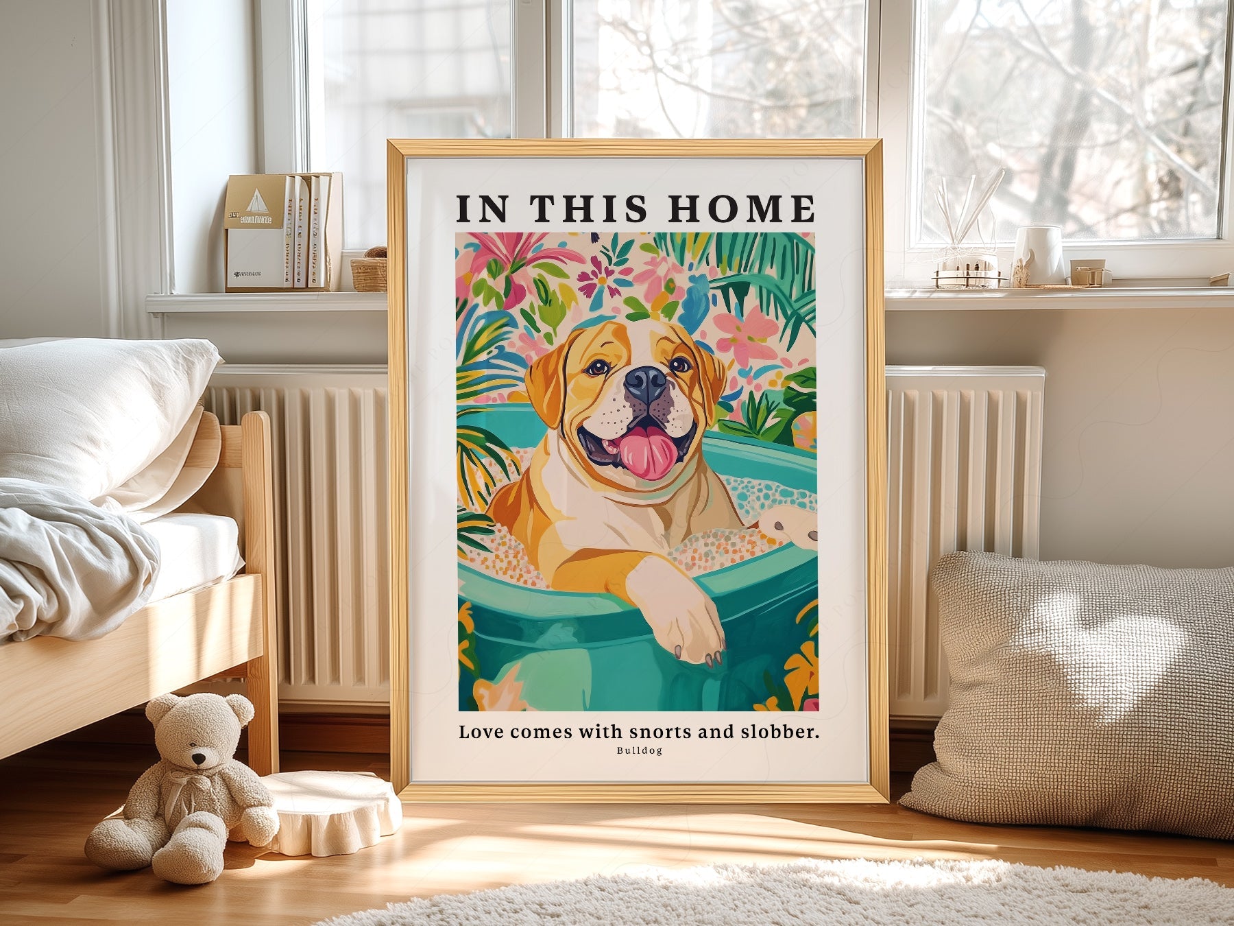 Bulldog Wall Art Print – In This Home Love Comes with Snorts and Slobber