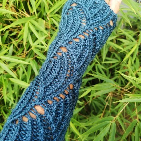 Peacock Blue Waves Hand Knit Fingerless Armwarmer