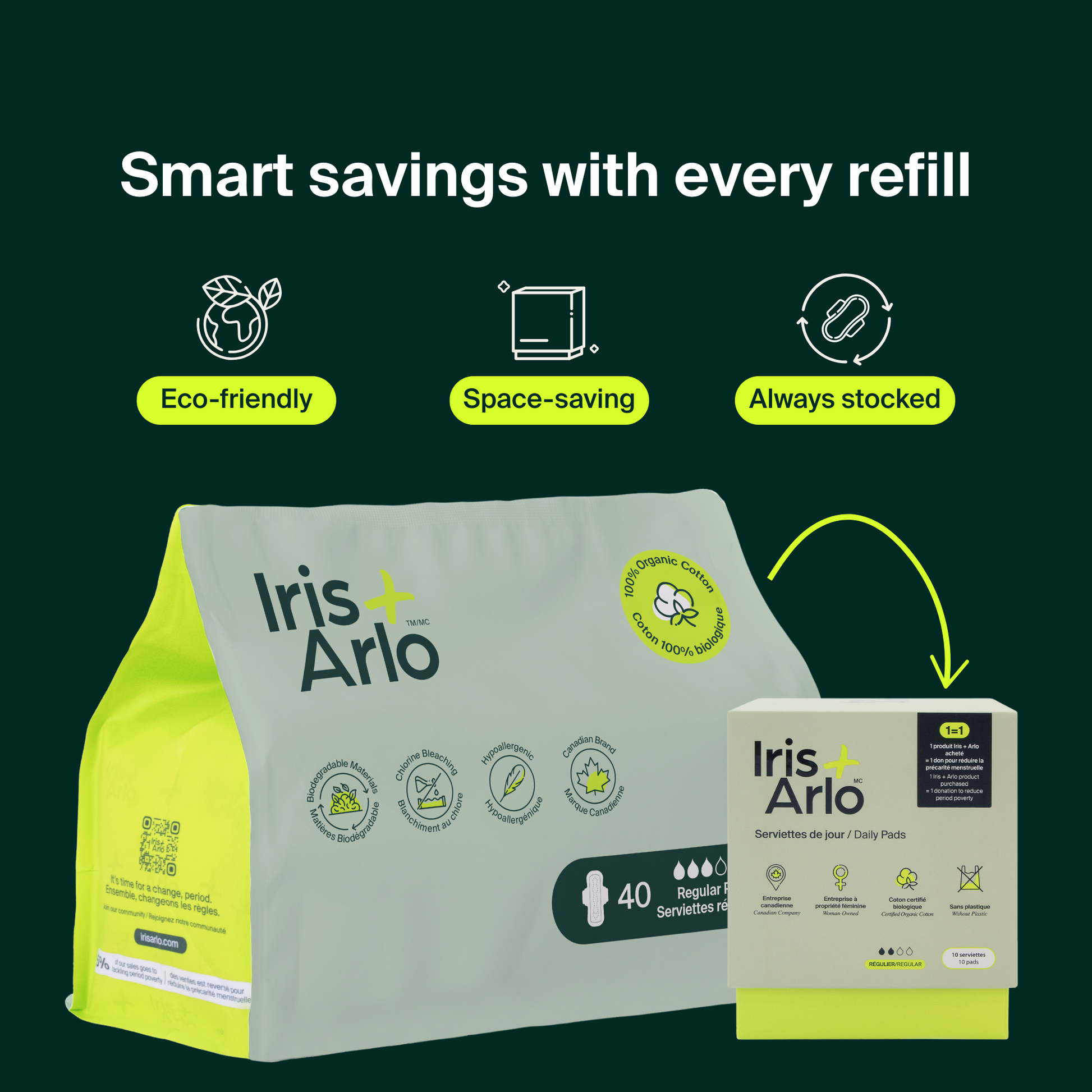 Serviettes hygiéniques régulières 100 % biologiques en vrac (40) - Sachet refermable