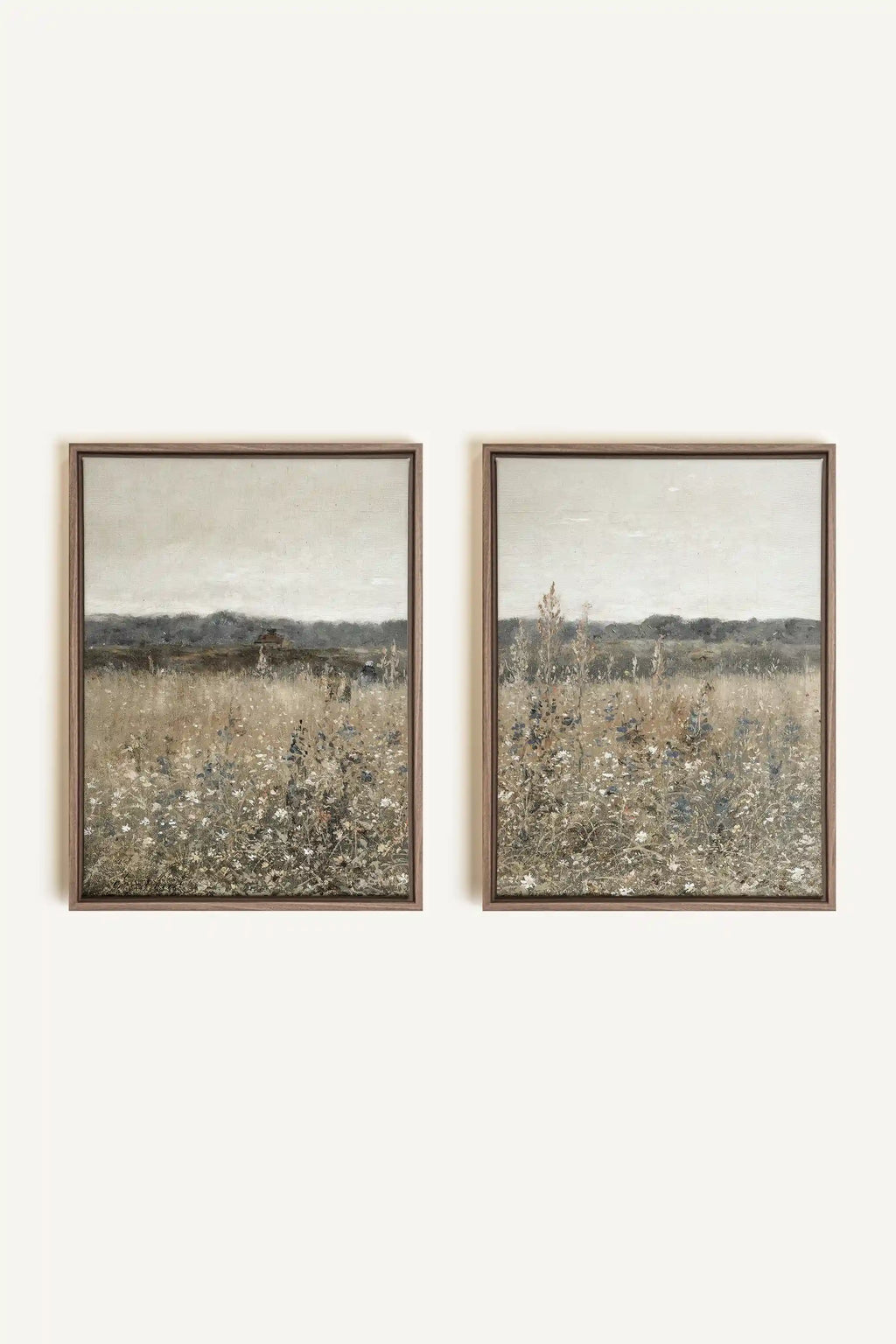 DUO FLEURS DÉLAVÉES, 2 œuvres sur toile tendue, encadrées en chêne brun (Collective)