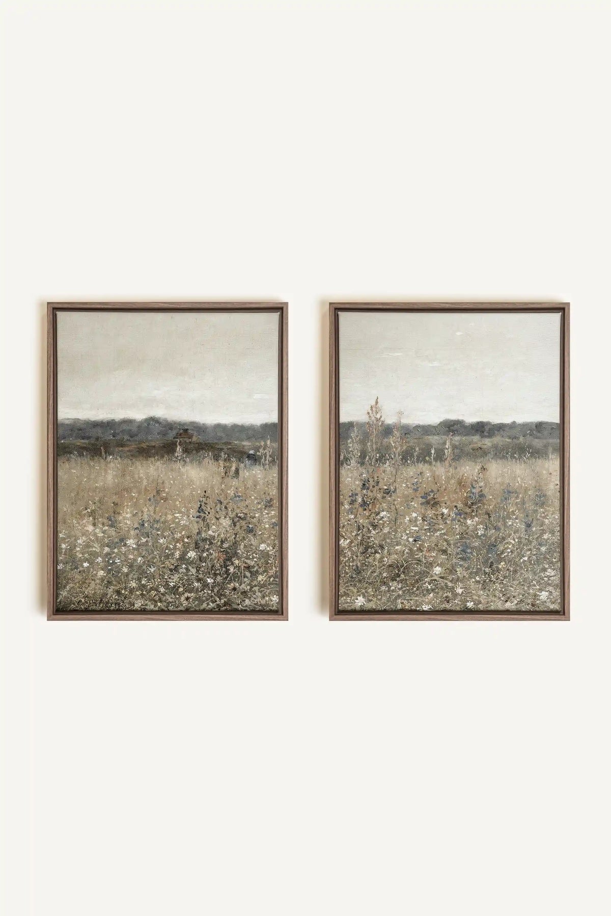 DUO FLEURS DÉLAVÉES, 2 œuvres sur toile tendue, encadrées en chêne brun (Collective)