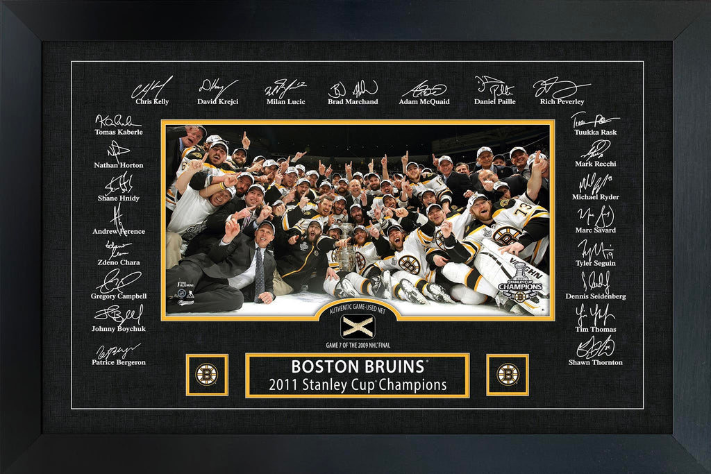 Cadre signature réplique de la Coupe Stanley 2011 des Bruins de Boston avec filet utilisé en match