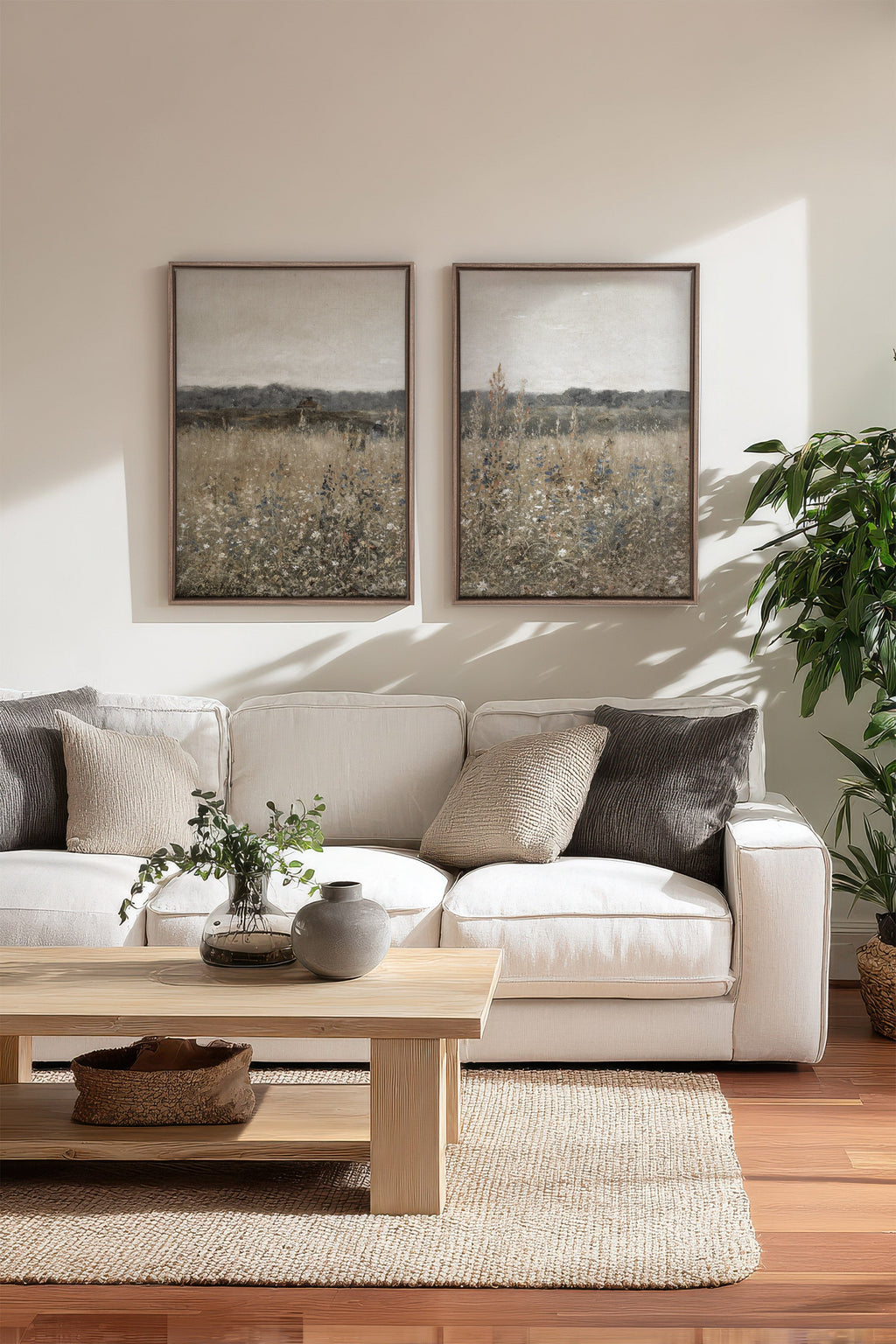 DUO FLEURS DÉLAVÉES, 2 œuvres sur toile tendue, encadrées en chêne brun (Collective)