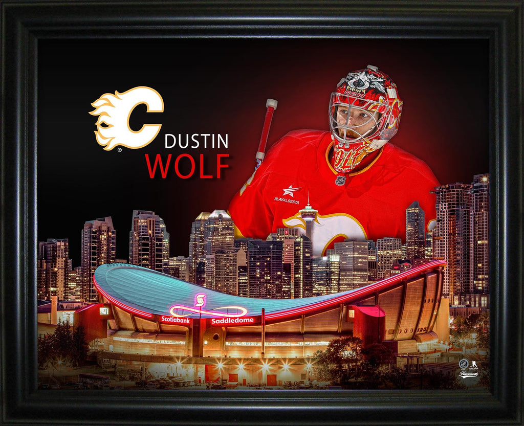 Dustin Wolf, impression encadrée 16x20 de la skyline des Flames de Calgary