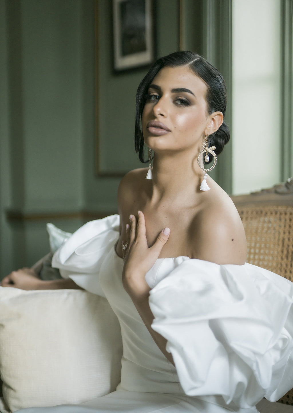 CHERYL Pearl Hoop and Tassel Bridal Earrings