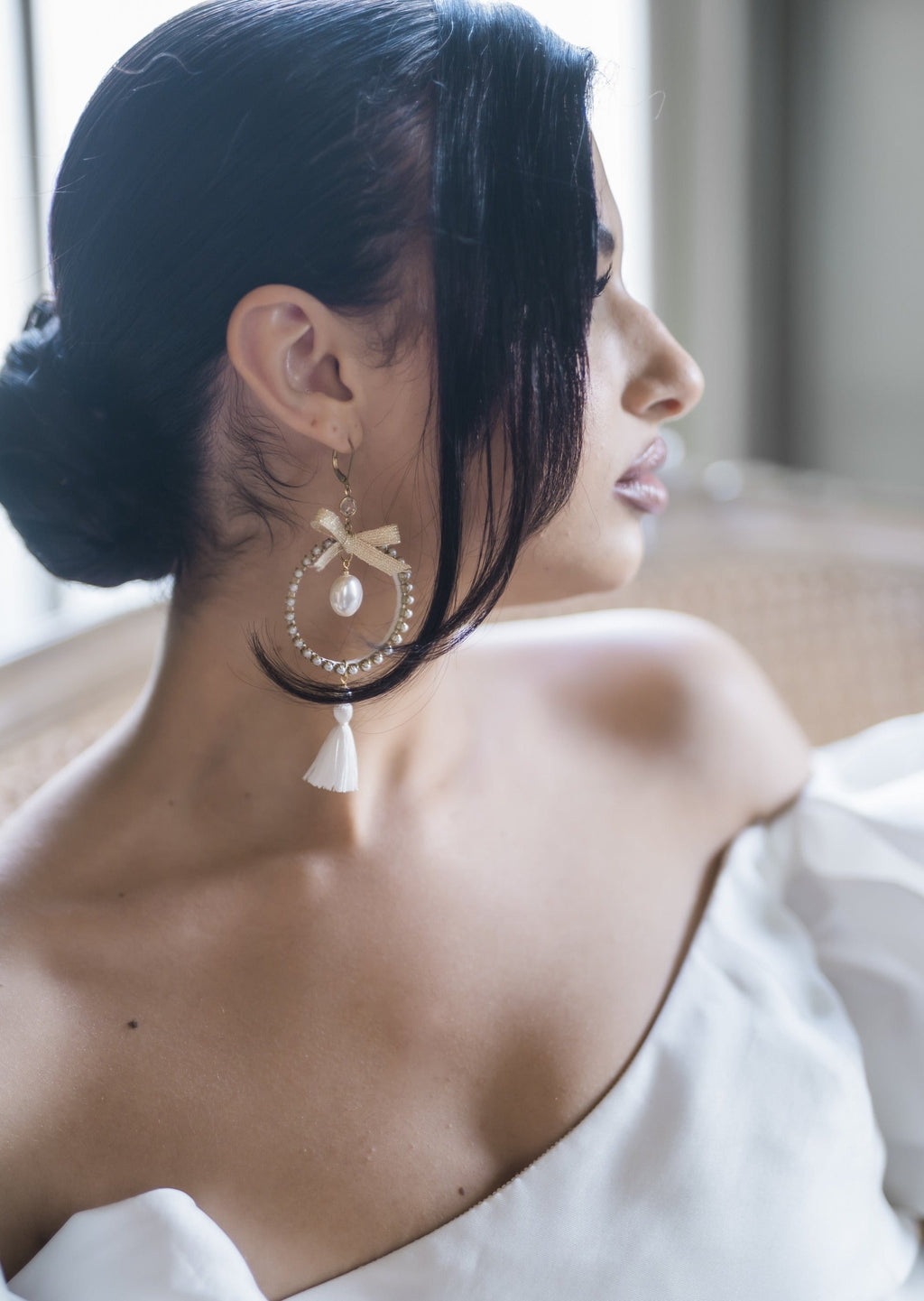 CHERYL Pearl Hoop and Tassel Bridal Earrings