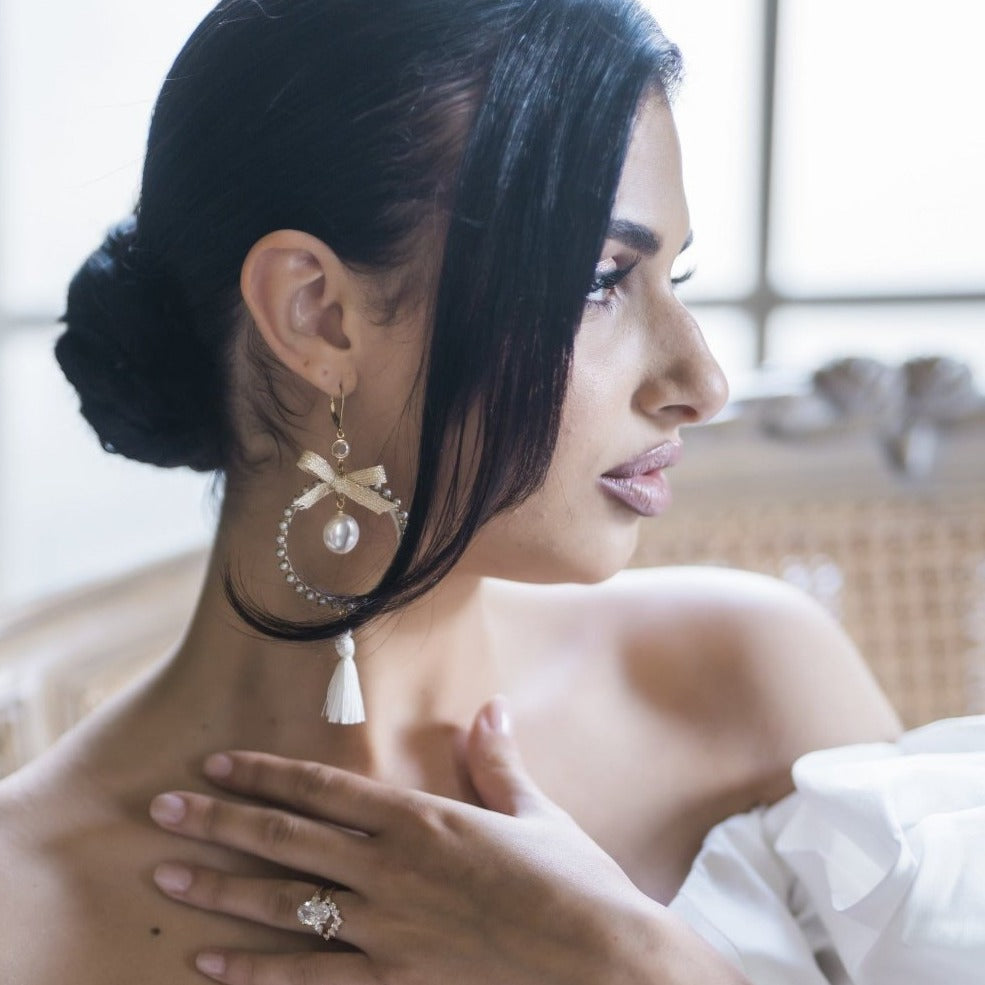 CHERYL Pearl Hoop and Tassel Bridal Earrings