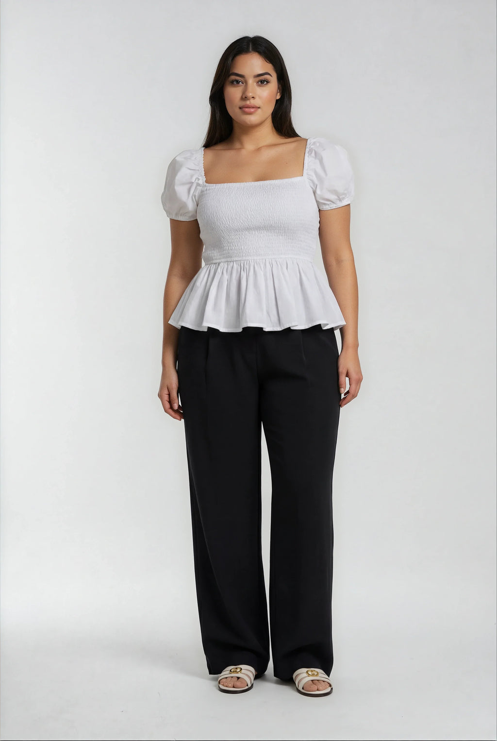 Sera – Cotton Poplin Puff Sleeve Peplum Blouse Top In White