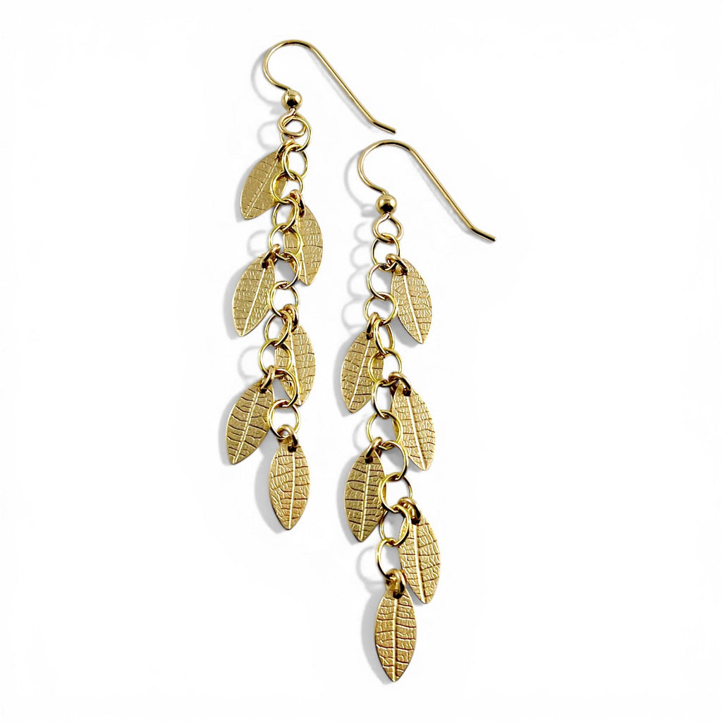 Falling Leaves Earrings • 14K Gold Fill Leaf Imprint Chain Earrings