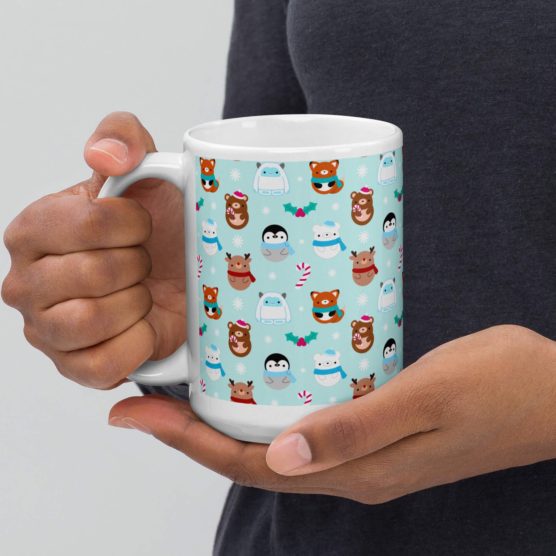 Mug de Noël bleu avec renards, ours, rennes, pingouins et yétis