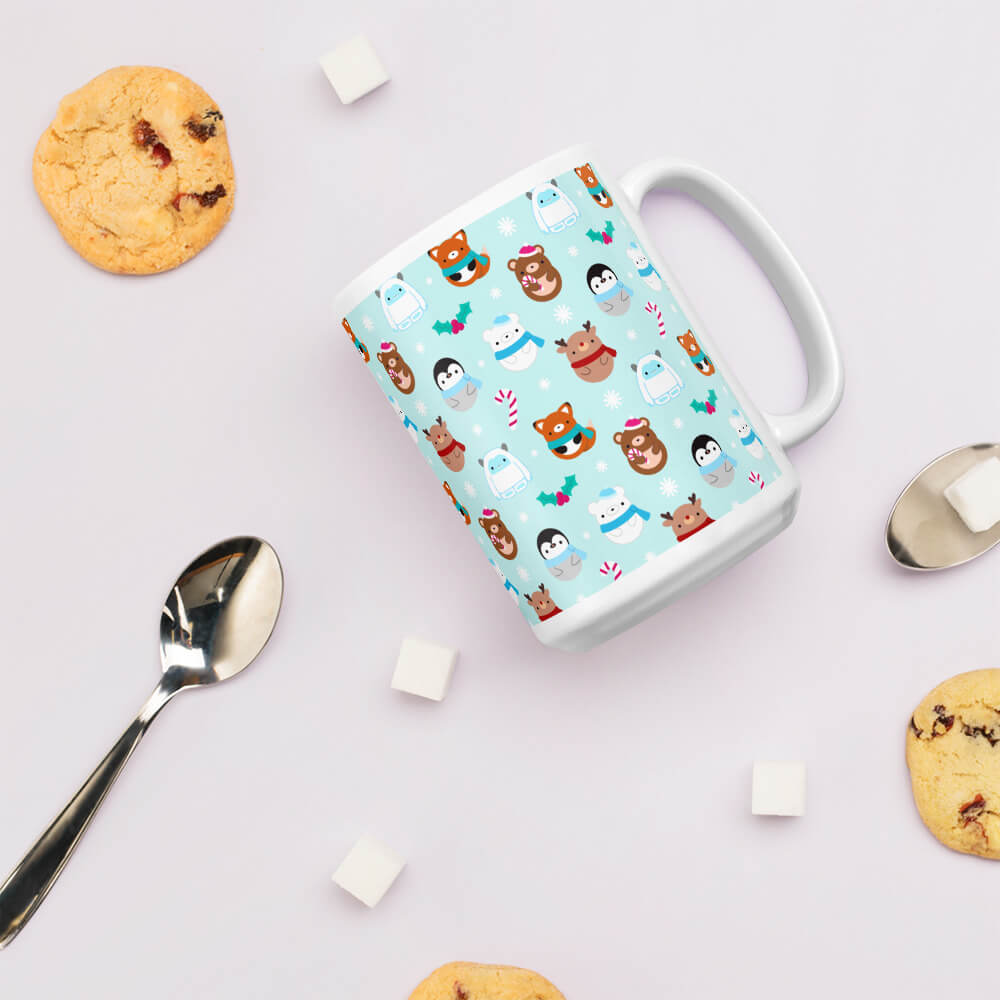 Mug de Noël bleu avec renards, ours, rennes, pingouins et yétis