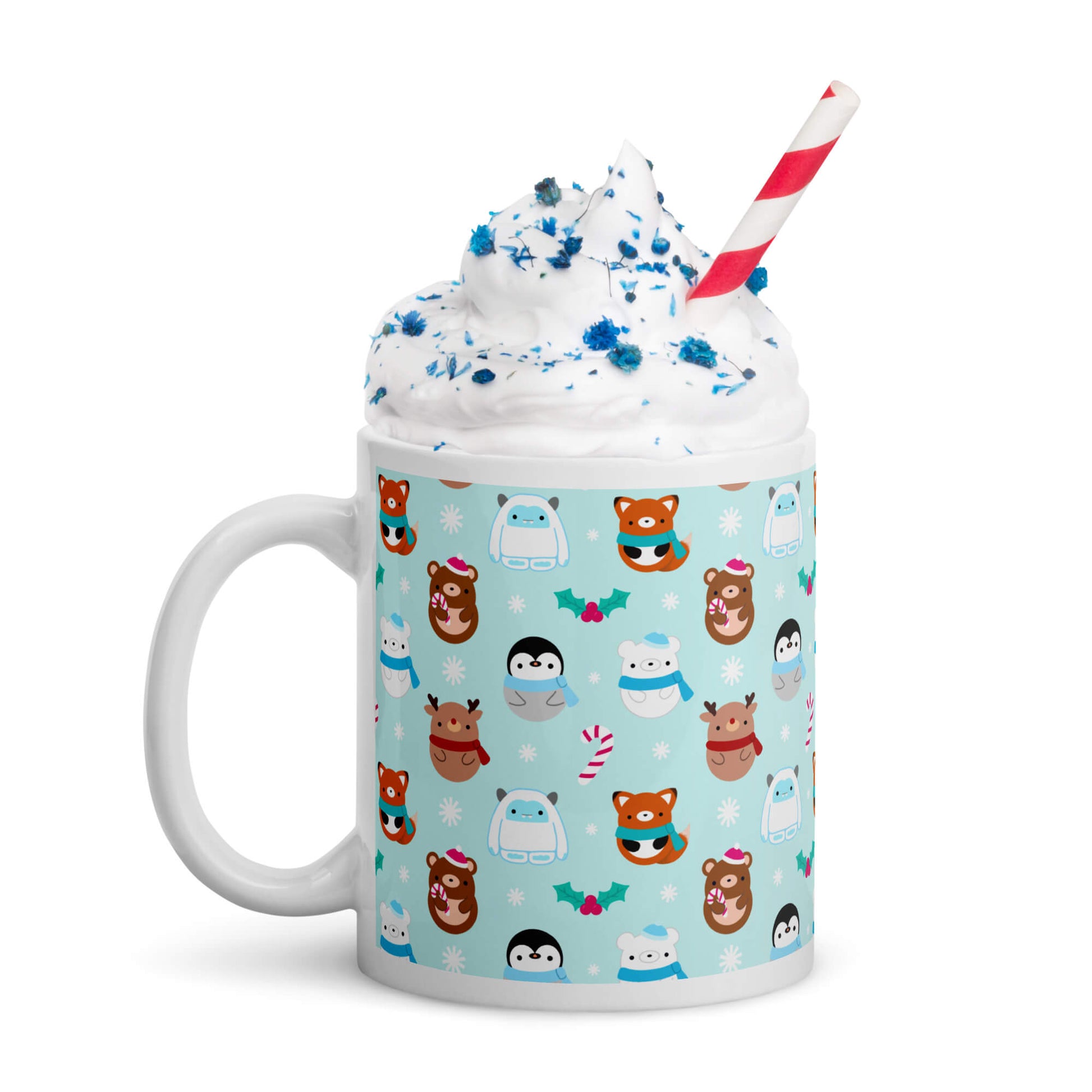 Mug de Noël bleu avec renards, ours, rennes, pingouins et yétis