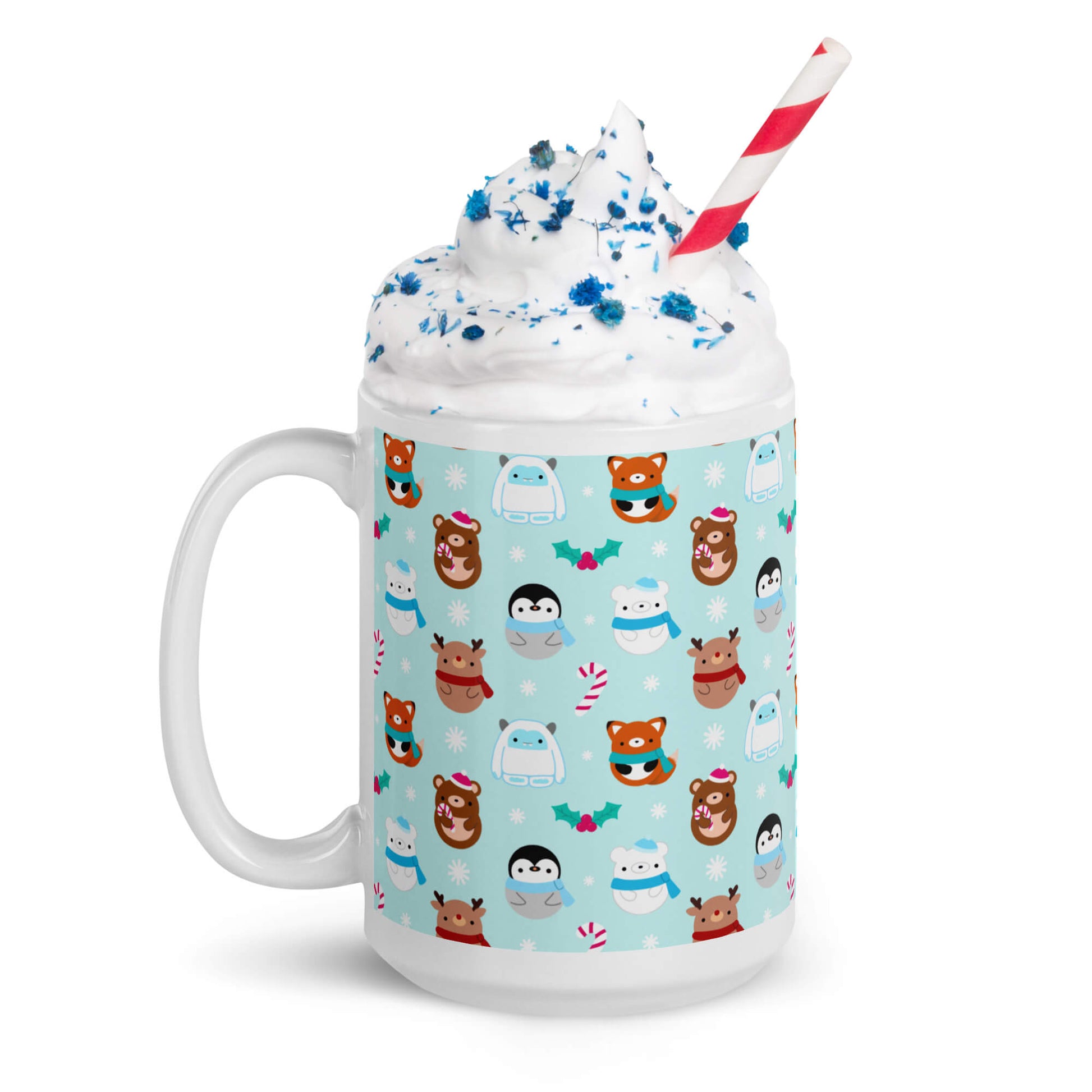 Mug de Noël bleu avec renards, ours, rennes, pingouins et yétis