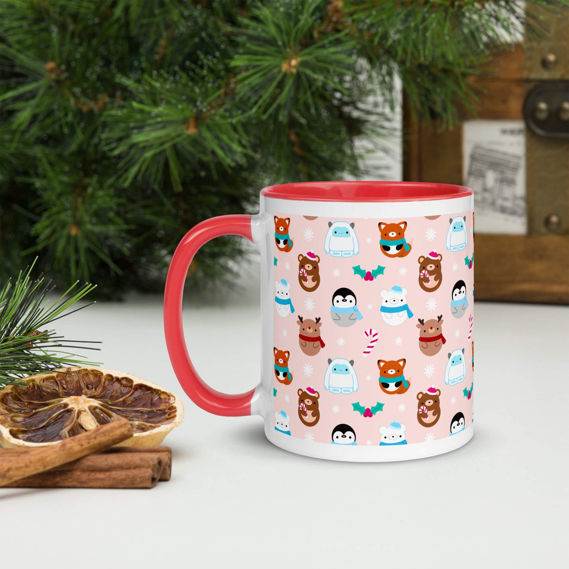 Tasse à café rouge de Noël – Yétis, rennes, pingouins, ours et renards