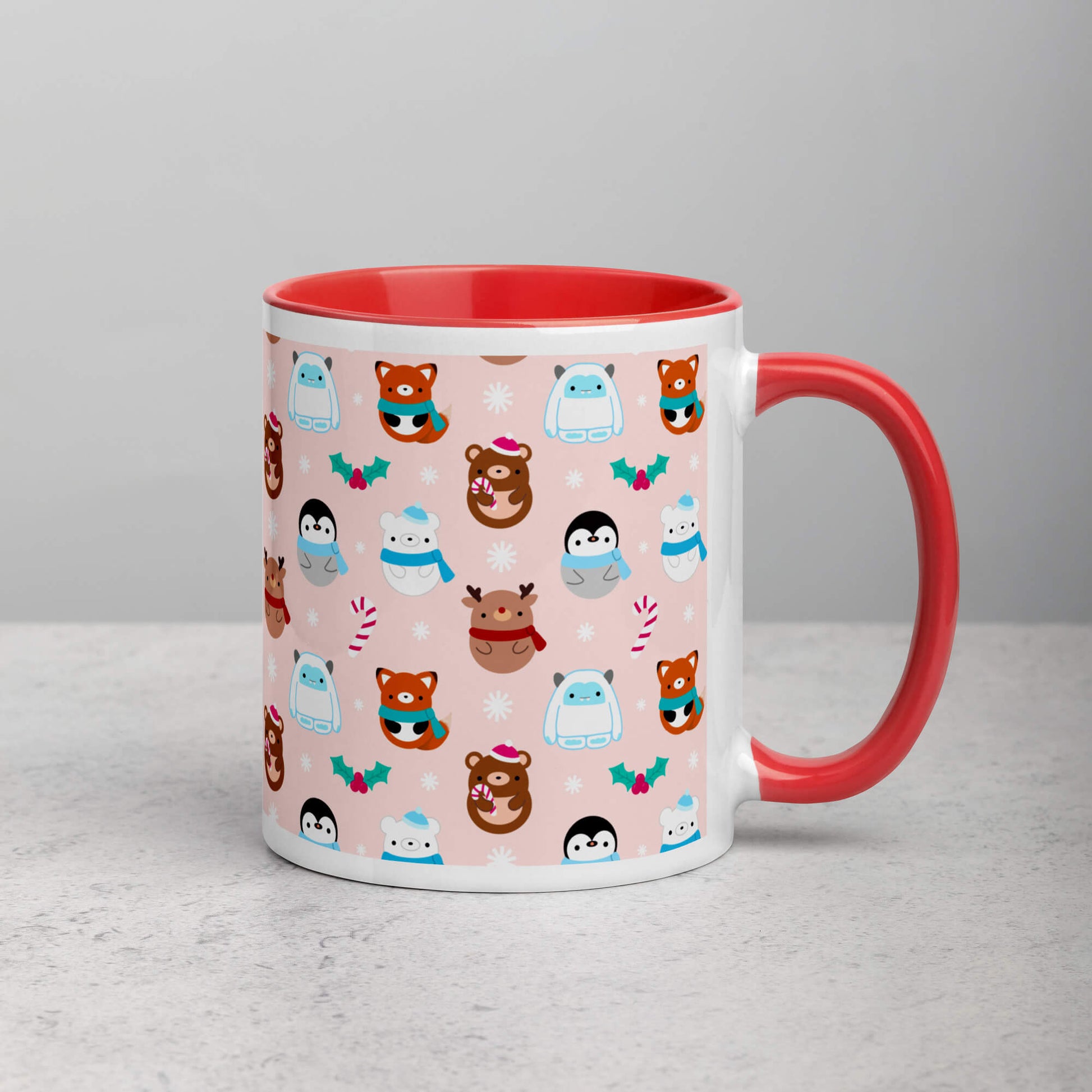 Tasse à café rouge de Noël – Yétis, rennes, pingouins, ours et renards