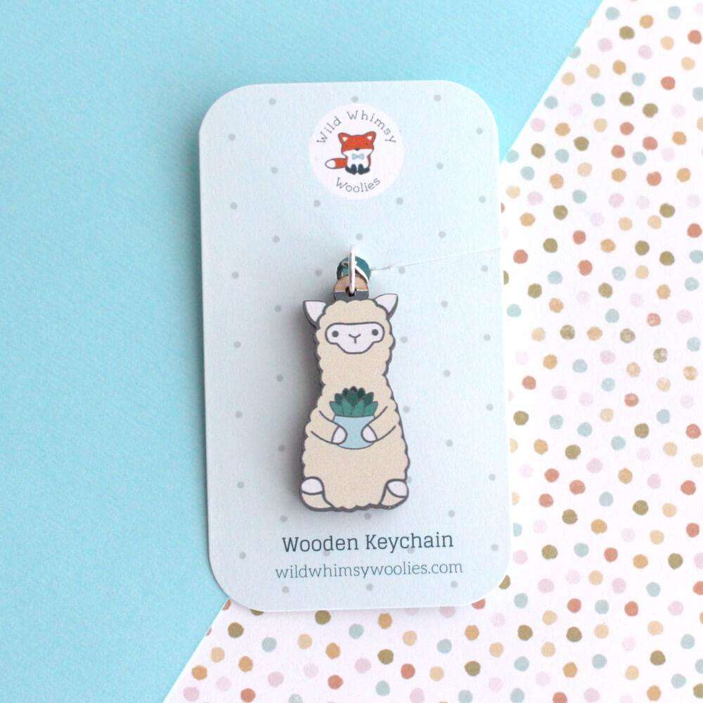 Porte-clés en bois représentant une plante succulente en forme d'alpaga - Cadeau durable - Cadeau lama