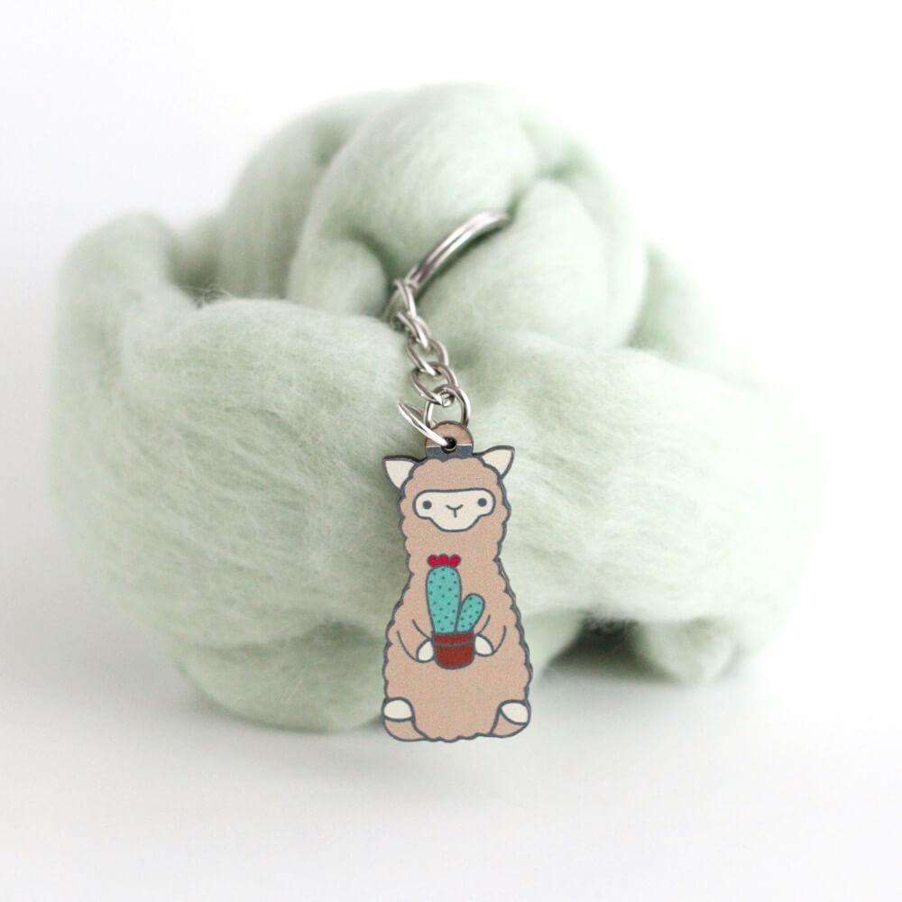 Porte-clés en bois Cactus Alpaga - Cadeau durable - Cadeau Lama