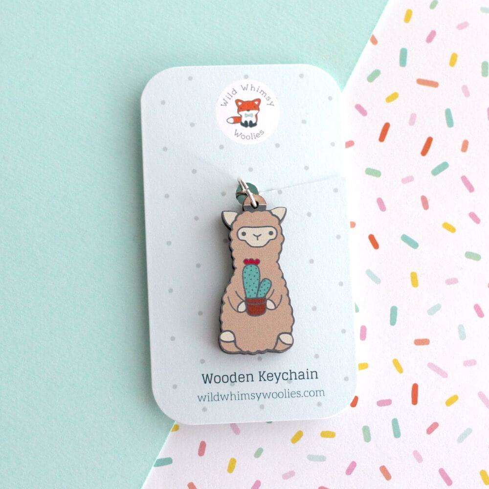 Porte-clés en bois Cactus Alpaga - Cadeau durable - Cadeau Lama