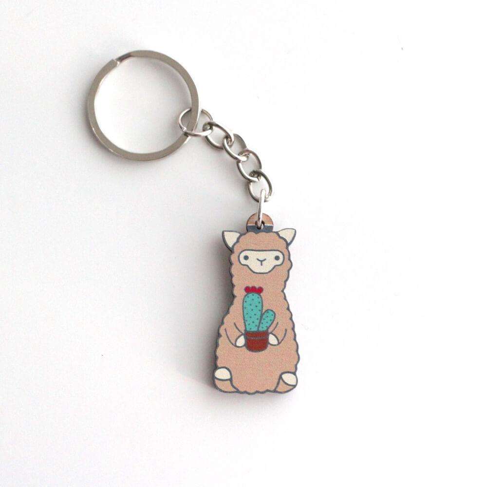 Porte-clés en bois Cactus Alpaga - Cadeau durable - Cadeau Lama