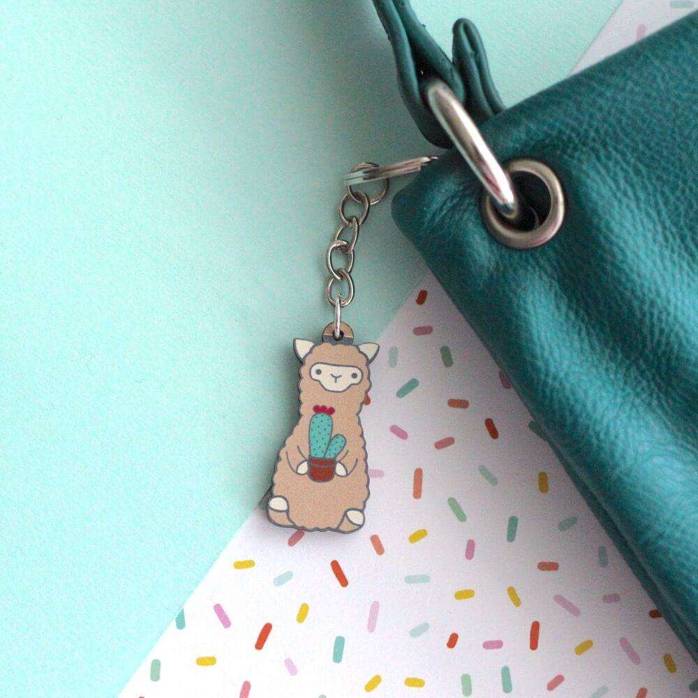 Porte-clés en bois Cactus Alpaga - Cadeau durable - Cadeau Lama