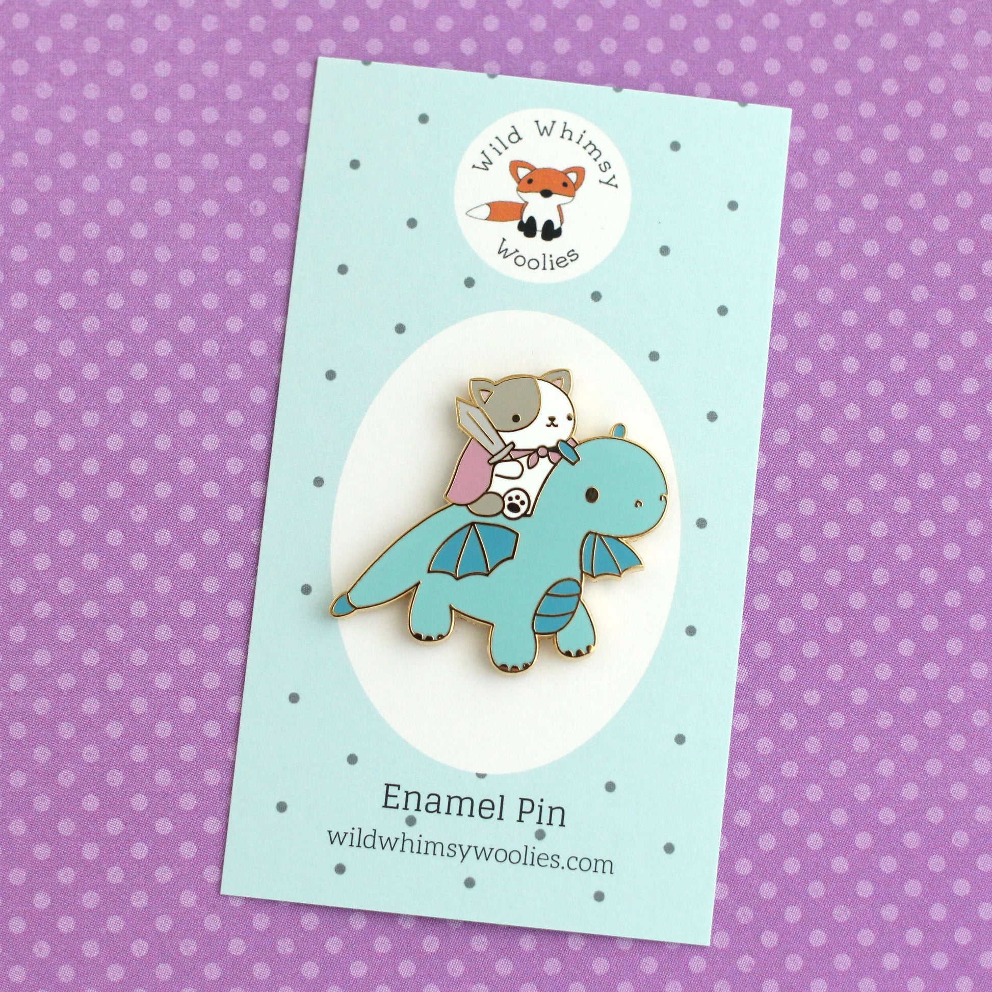 Broche en émail Chat et Chevalier Dragon (Variante Dragon Bleu)