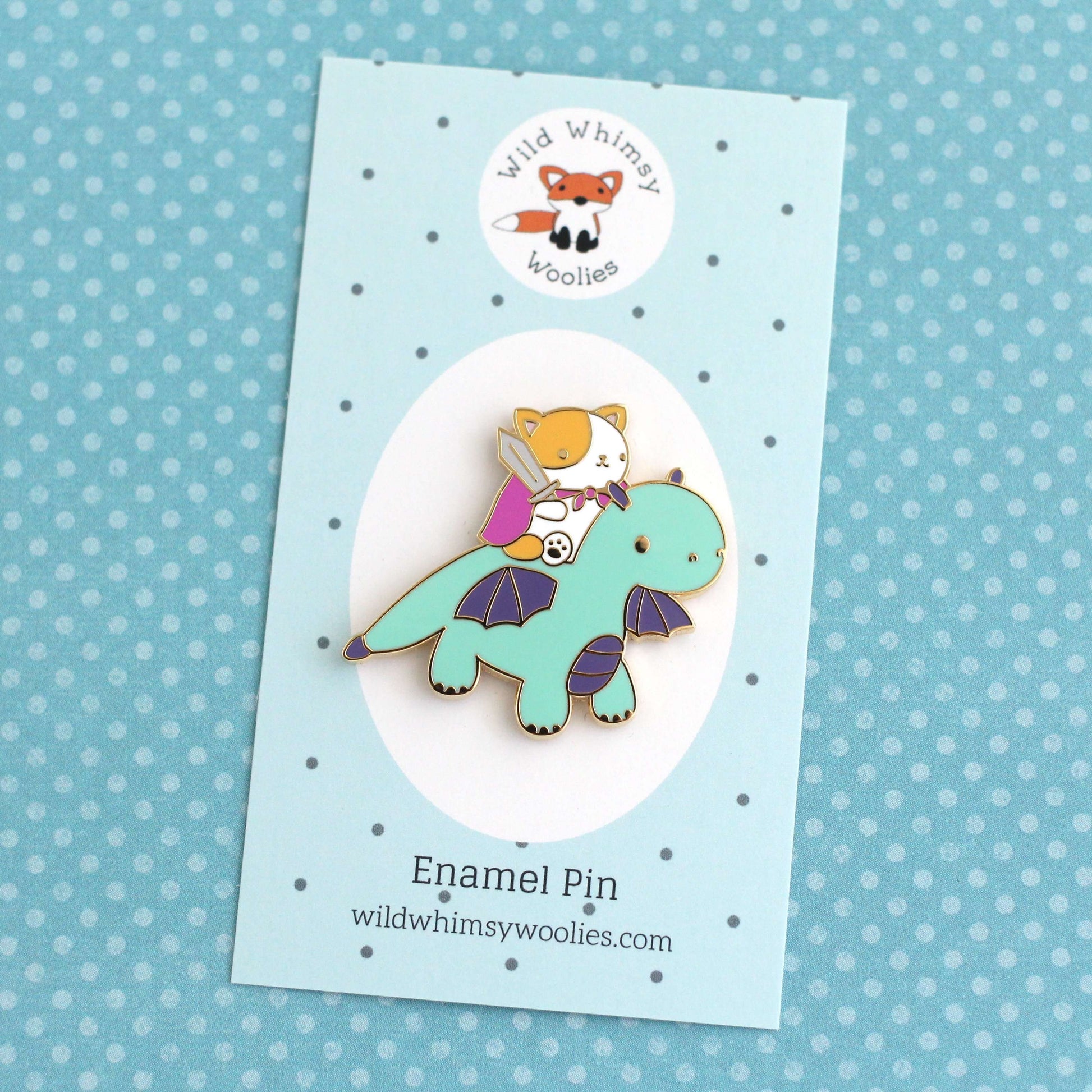 Broche en émail Chat et Chevalier Dragon (Variante Dragon Turquoise)