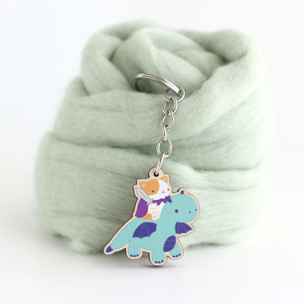 Porte-clés en bois Chat et Chevalier Dragon - Cadeau durable - Porte-clés Chat