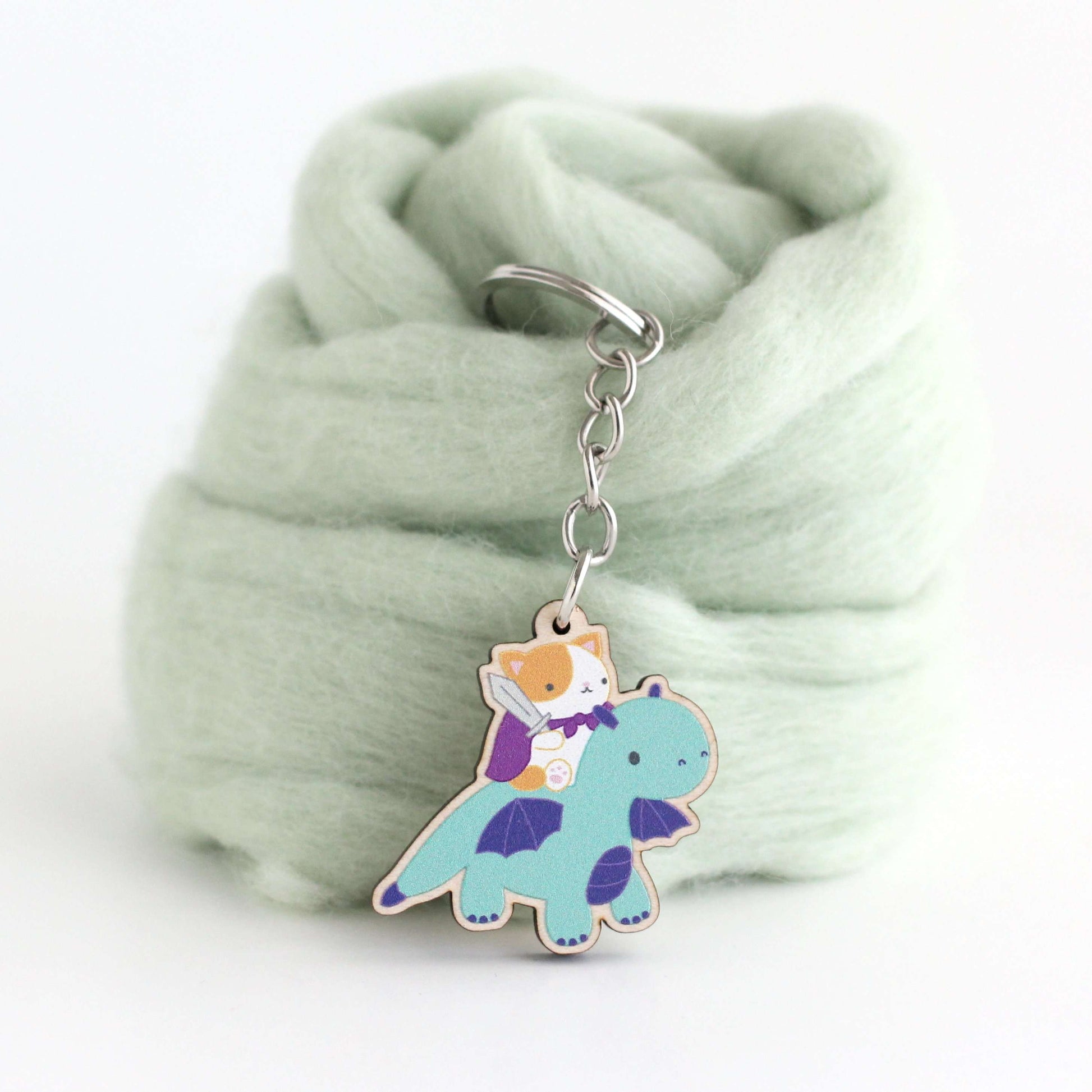 Porte-clés en bois Chat et Chevalier Dragon - Cadeau durable - Porte-clés Chat