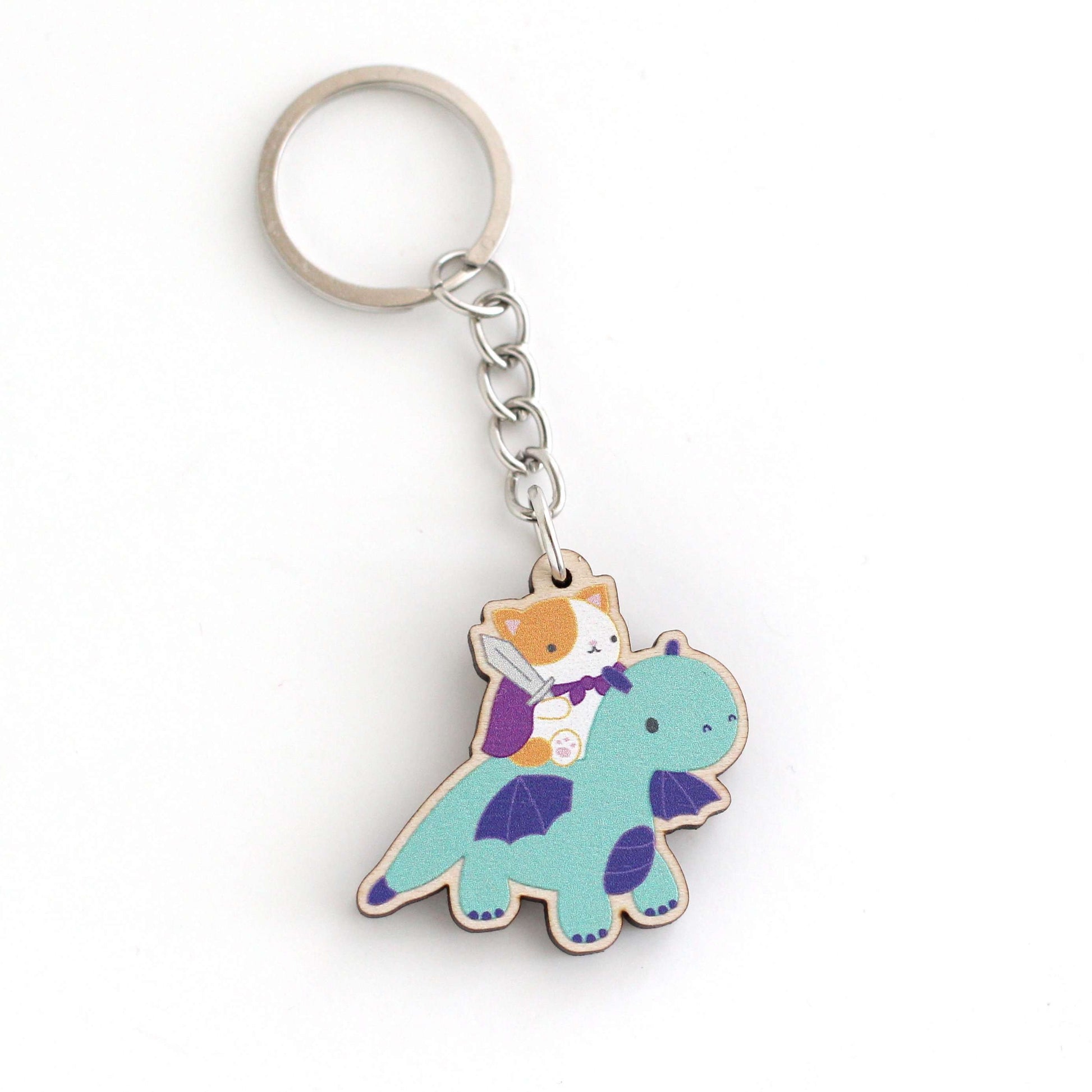 Porte-clés en bois Chat et Chevalier Dragon - Cadeau durable - Porte-clés Chat