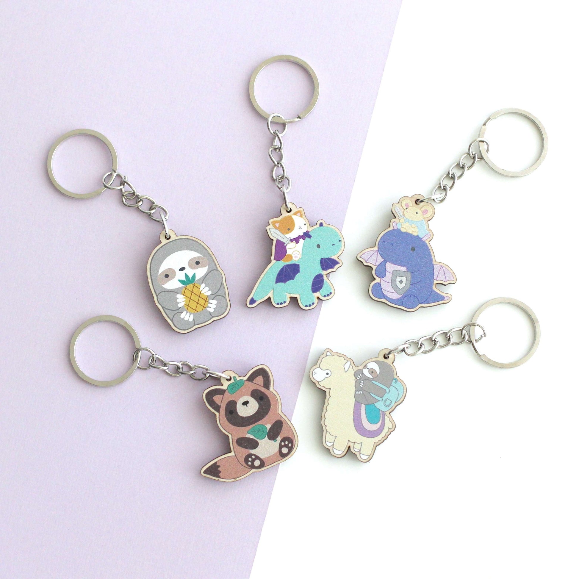 Porte-clés en bois Chat et Chevalier Dragon - Cadeau durable - Porte-clés Chat