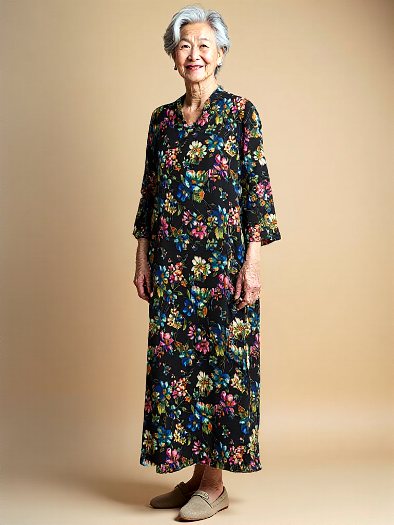 Robe fleurie noire adaptable pour femme – Dos ouvert, manches 3/4, col en V